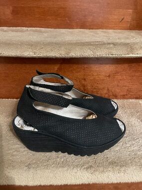 Fly London Black Suede Peep-Toe Ankle-Strap Wedge Sandals SZ 38 U.S. 7.5